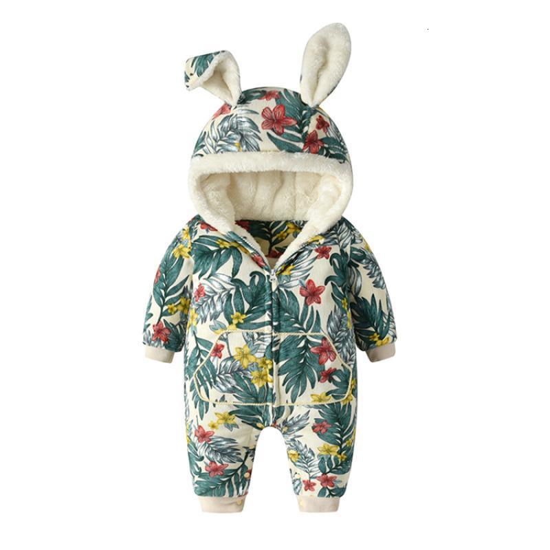 

Children's suit Baby Winter Hooded Floral Snowsuit Newborn Girls Thick Romper with Rabbit Ear Infant Snow Wear Combenizon New Year Costumes, Blue;gray