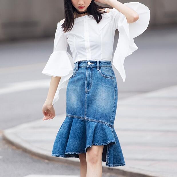 

Skirts -3XL 2021 Women Sexy Package Hip Trumpet High Waist Short Skirt Fashion Irregular Hem Summer Autumn Jeans DF305, Blue