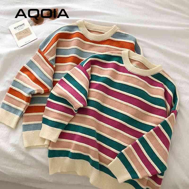 

Winter Korean Style Women Stripe Sweater Autumn Loose Long Sleeve Pullover Tops Ladies Knitted Patchwork Sweaters 210521, Random color