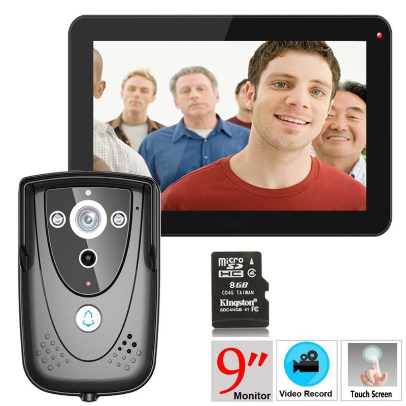 

Mountainone 9" DVR Color Touch Screen Video Door Phone With PIR Record Intercom System IR Camera 8G SD Card Phones