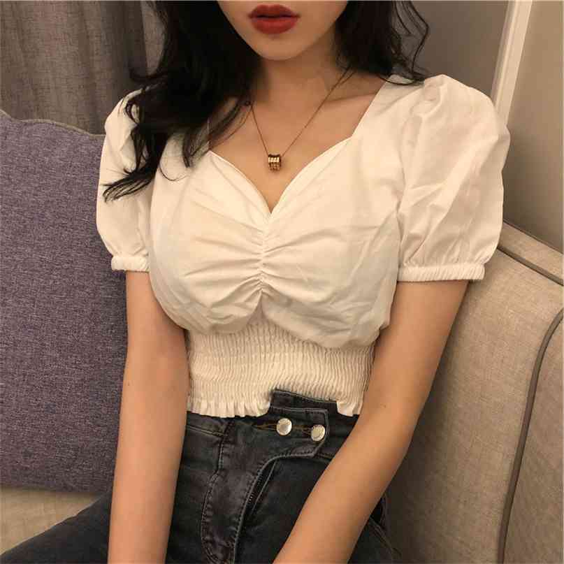 

V Collar Sexy T-shirt Women Fashion Puff Sleeve Female Short Tops Slim Plus Size Black White Tees Women's Clothing 210607