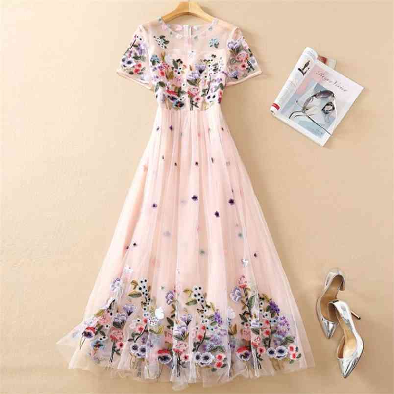 

Women Vintage Sweet Embroidery Mesh Dress Summer Elegant Short Sleeve High Waist Slim Casual Femme Vestidos 210519, Photo color