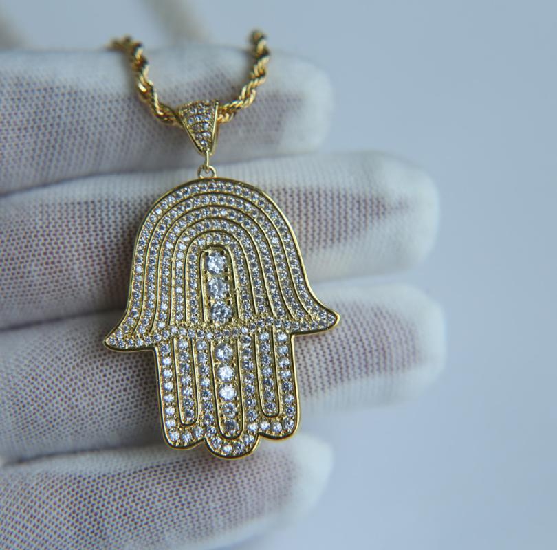 Pendant Necklaces High Quality 2021 Luxury Silver Color Micro Pave Hamsa Hand With Rope Chain + Cubic Zirconia Women Men Bling Hiphop Nec-image-704406956