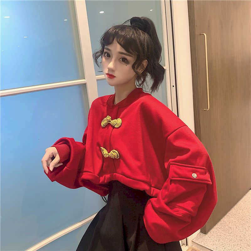 

Lantern sleeve sweatshirt women' autumn Chinese style retro disc buckle decoration loose drawstring short hoodies 210526, Red