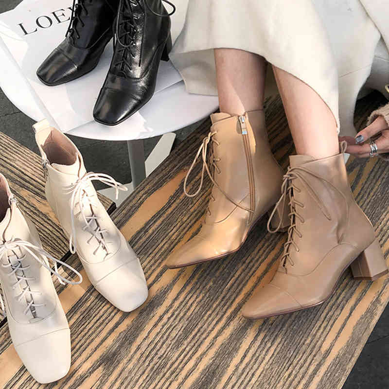 

boots women ankle natural leather outdoor booties cowhide vamp boots + sheepskin insole pigskin lining square head plus size oa8r, Black