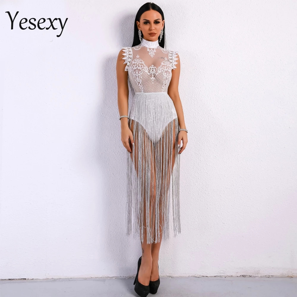 

Yesexy 2021 Sexy Women Tassel Playsuits Women Overalls High Neck Sleeveless Lace See Through Glitter Tassel Bodysuit VR8901, Black