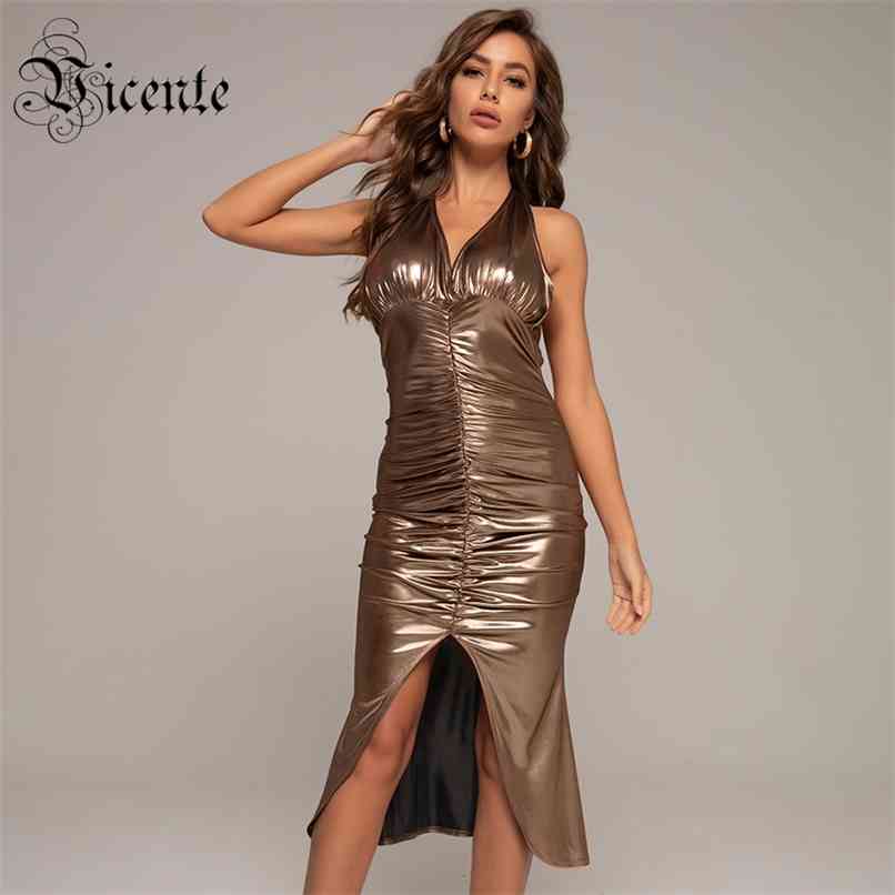 

Trendy Draped Design Sexy V Neck Sleeveless Backless Celebrity Party Club Gold Midi Dress 210520