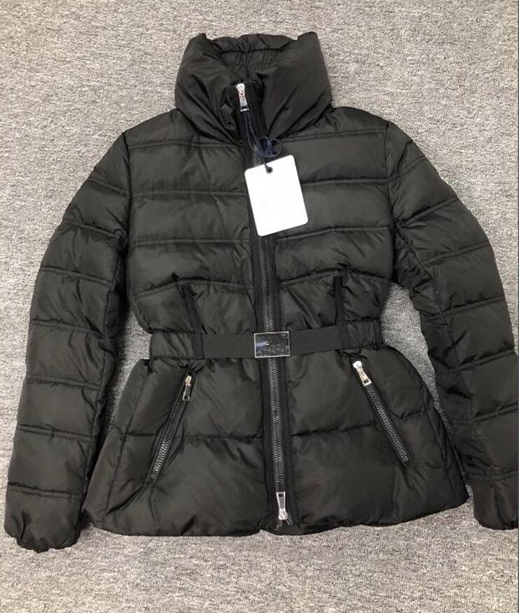 

Women Hooded Down Coat With Belt Slim Jacket Stand Collar Parkas Invisible cap Black and White Size 123