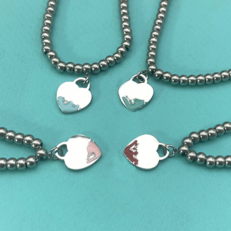 

15mm Blue Painted Heart Bracelets Women 4mm Beaded Chain Strands Stainless Steel Couple Jewelry Gifts for Girlfriend Accessories Wholesale