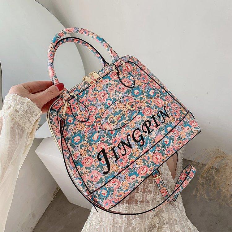 

Shoulder Bags Celebrity Flower Printed Pink Shell Bag Women Large Capacity Handbag Lady PU Leather Crossbody Female Hand Tote