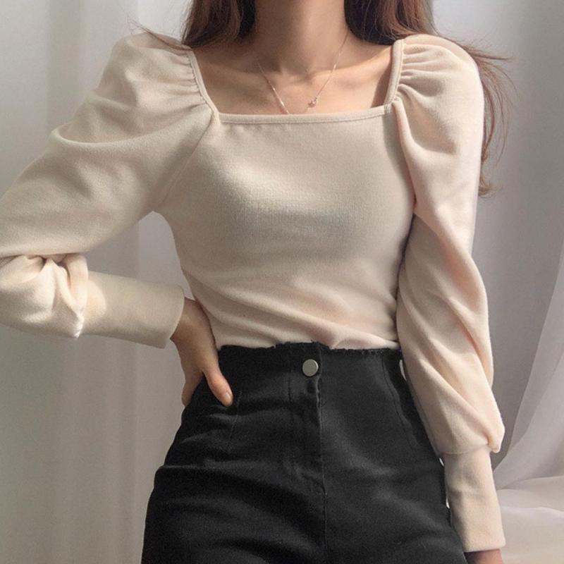 

Women's T-Shirt Square Collar T Shirt Women Slim Fit Pleated Puff Sleeve Blouse Hollow Out Clavicle Blusas Autumn Spring 2021 Knit Top A50, White