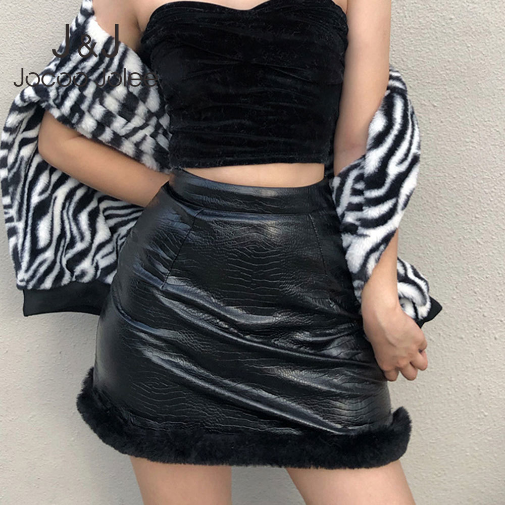 

Women Winter PU Faux Leather Furry Skirt Fashion High Waist Black Simple Wild Mini Skirt Ladies Elegant Retro Short Skirt 210518
