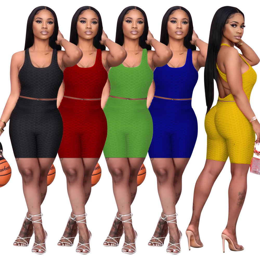

Summer Women 2 Two Piece Pants Shorts Set Sexy Solid Color Tracksuits Vest Suit Sleeveless Yoga Outfits Slim Shirt XXXL, As picture