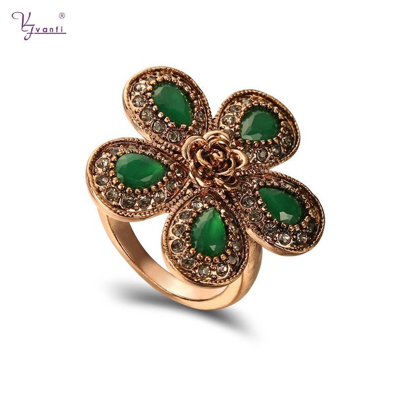 

Cluster Rings Kfvanfi Green Stone Ring Rhinestones Jewelry Flower Vintage For Women, Golden;silver