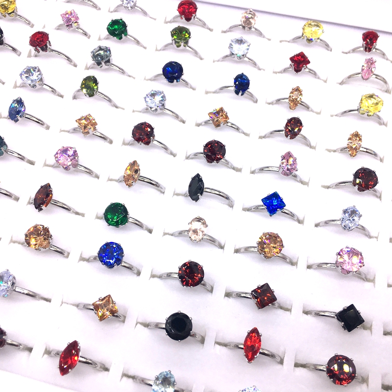 

Wholesale 100pcs/Lot Women's Fashion Rings Handmade Inlay Zircon Stone Silver Plated Romantic Cute Party Jewelry Variety of styles and colors Size resizable