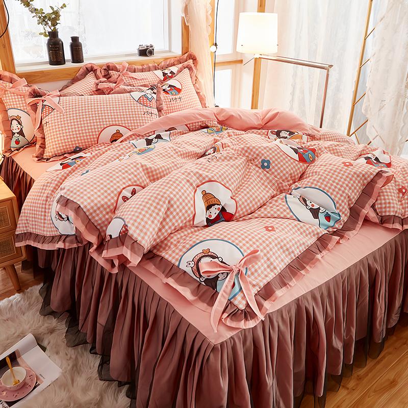 

Pink Bedding Sets Full  King Bedspread Wedding Princess Duvet Cover Pillowcase Girls Lace Bed Skirt Luxury Bedclothes