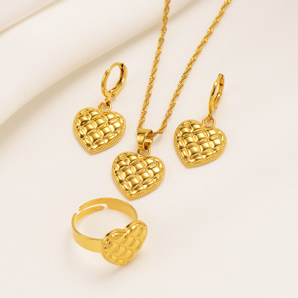 22k Yellow Gold 18ct THAI BAHT G/F Water waves Chain Necklace Earring Pendant Ring Set love heart Soft outfit Design charms-image-721001277