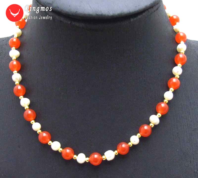 

Chokers Qingmos Natural 6-7mm Round White Pearl Necklace For Women With 8mm Red Jades Stone Necklaces Jewelry 7.5" Nec6050