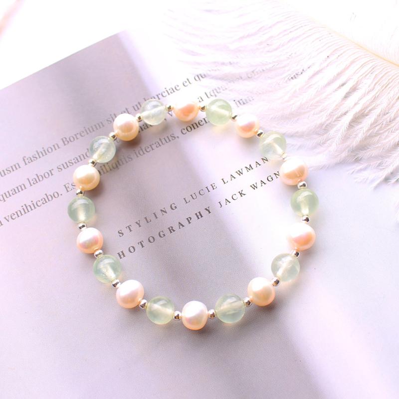 

Beaded, Strands Natural Prehnite With Pearl DIY Bracelet Ins Wild