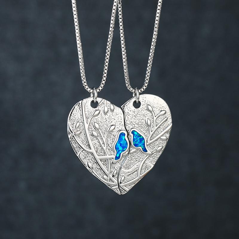 

Pendant Necklaces Cute Small Bird Blue Opal Stone Necklace Antique Branches Big Heart Boho Silver Color Chain For Women