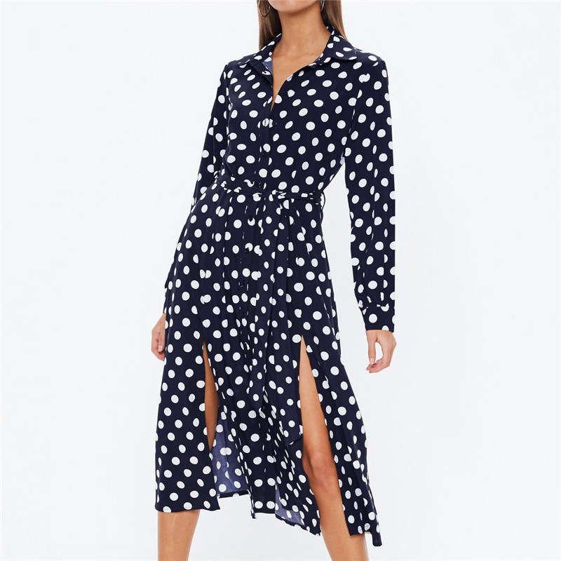 

women Long dresses Spring Summer dots printed long sleeve chiffon female elegent slim 210524, Navy blue