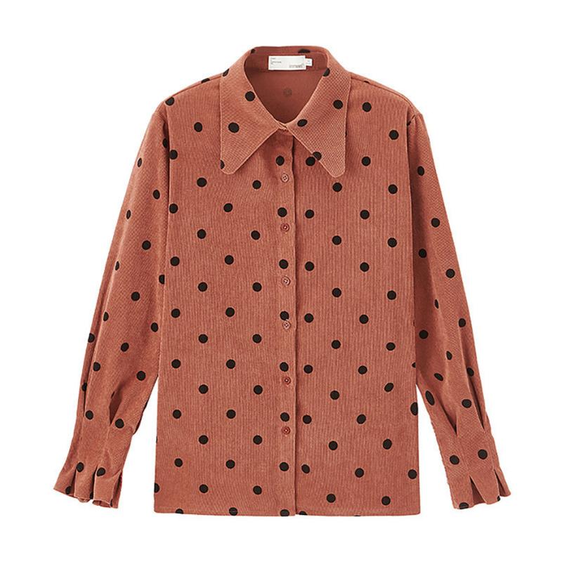 

S-2XL Corduroy Winter Jacket Women 2021 Autumn Lapel Single-breasted Polka Dot Long Sleeve Shirt Female Blouse Coat Plus Size Women's Jacket, Black;brown