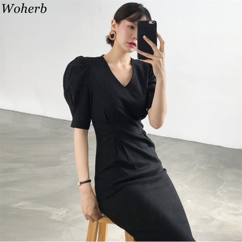 

Korean Dress Women Chic Summer Elegant Robe V Neck Pleated Slim Vestidos Temperament Puff Sleeve Bodycon Maxi Dresses 210519, Rose red