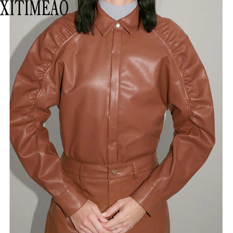 

ZA Women Winter PU Leather Shirts Elegant Turn-down Collar Long Sleeve Casual Blouse Tops Autumn 210604, As picture