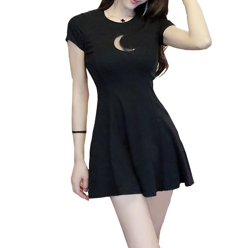 

Summer Women's Dress Chest Moon Hollow Out Design Round Neck Short-sleeved Sexy Slim Mini Gothic Casual Dresses, Black