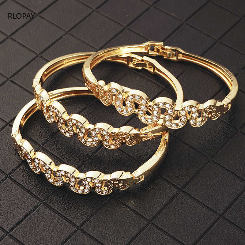 

Elegant Waves Bracelets Moroccan Fashion Cuff Bangles with Clear Austrian Crystal Valuable Bridal Jewelry Q0719