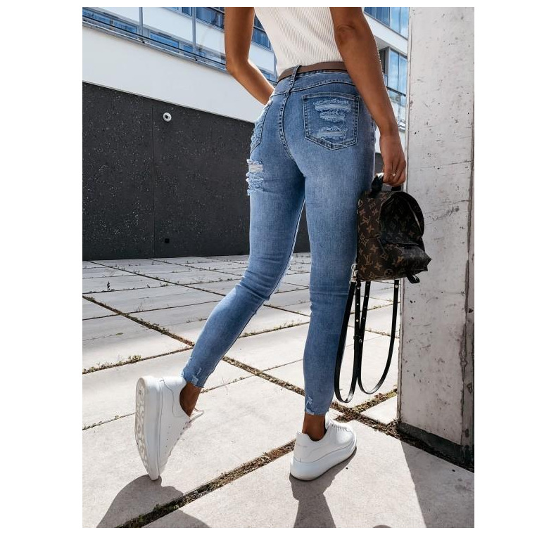 

2011stylish gray skinny jeans women streetwear high waist ripped holes pencil jeans stretchable female jeans 2021 women pants, Blue
