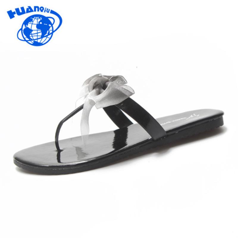 

Slippers HUANQIU 2021 Clip Toe Bow Flat Seaside Student Female Sandals Wild Women Shoes Flip Flops Holiday Beach JH232, Black