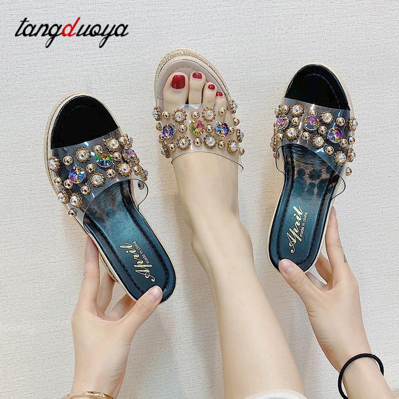 

Slippers Crystal Women High Heels Sandals Summer Platform Outdoor Beach Slides Rhinestones Wedge Ladies, Black
