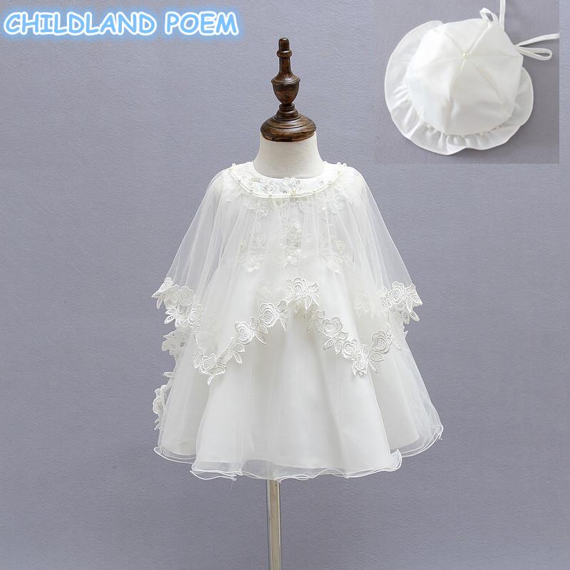 

Girl's Dresses Baby Girl Baptism Gown Christening Dress Lace Pearl Princess 1 Year Birthday Party Wedding With Hat 3 Pcs/set Clothes, Beige