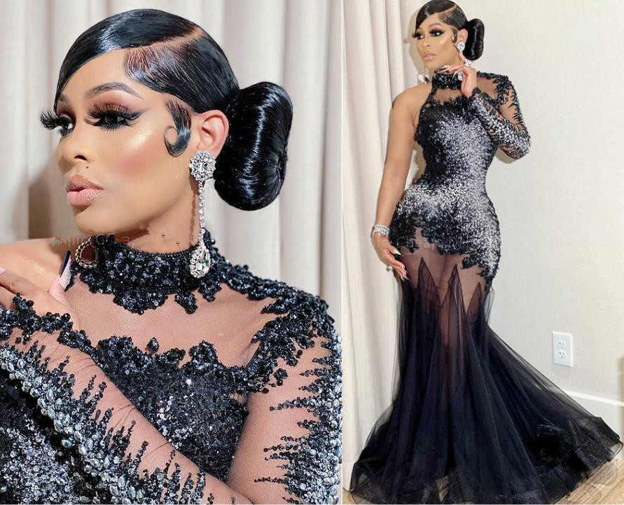 2024 Plus taille aso ebi sirène robes de bal en dentelle noire en dentelle de soirée perle