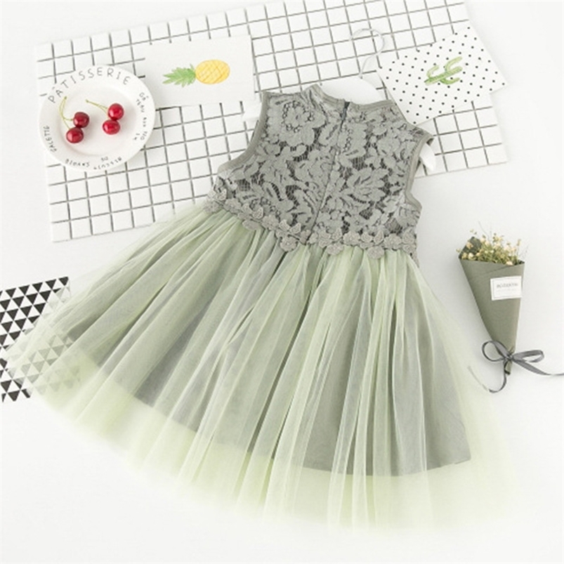 

Arrivals Summer Style Sleeveless Lace Hole Green Mesh Dresses Cute 2Pcs Girls A-Line 210629
