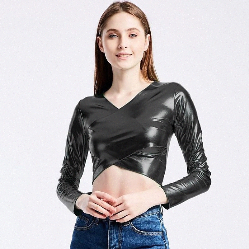 women's Crop Tshirt T shirt Plain Sparkly Glittery V Neck Rock Punk & Gothic Tops Black Silver Gold j43g#