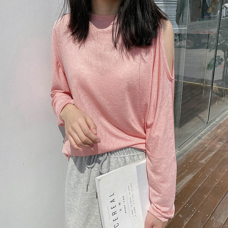Tops Tees Women's T-Shirt Homemade Tencel Linen Sunscreen Off Shoulder t 2021 Summer Loose Solid Color Long Sleeve T-shirt Women 9452