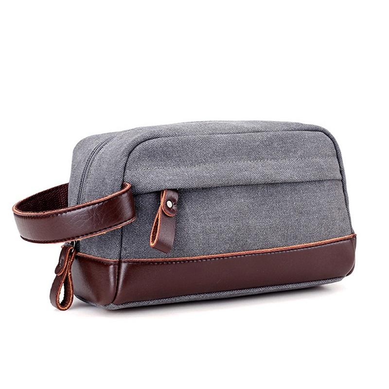 

Casual Canvas Cosmetic Bag Patchwork Leather Travel Men Wash Shaving Women Toiletry Storage Waterproof Makeup Organizer Bags & Cases, Black