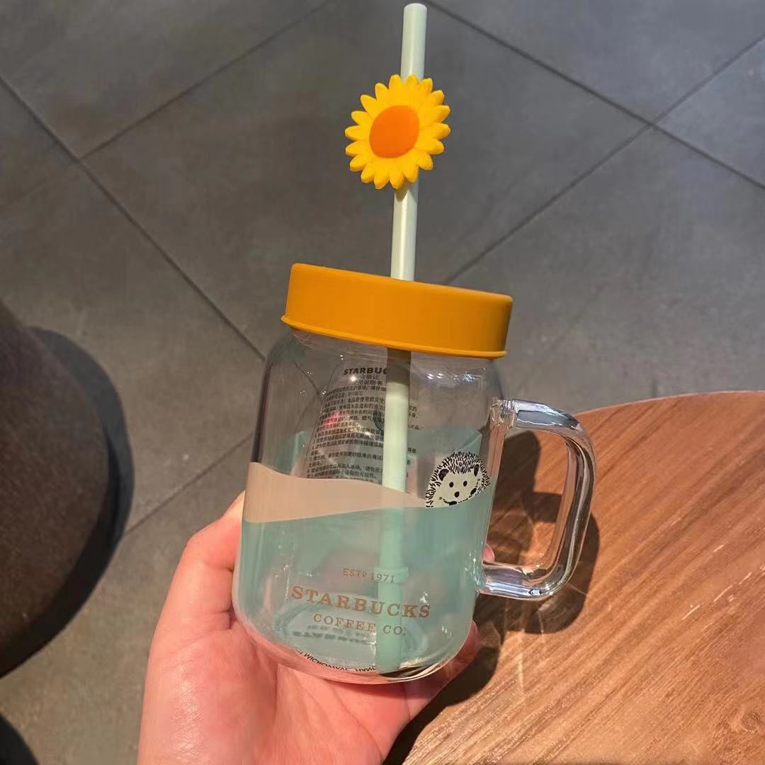 

2021 Summer Starbucks Mugs Sunflower Glass Straw Cup 473ML