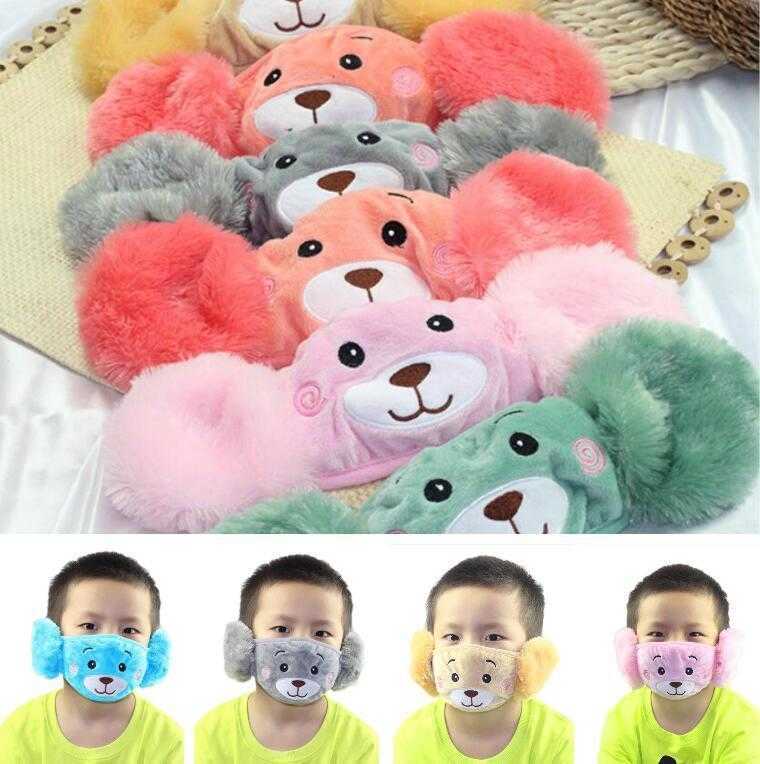 

Designer Masks Kids Cute Ear Protective Mouth Mask Animals Bear Design 2 In 1 Child Winter Face Children Mouth-Muffle Dustproof Warm XHLV