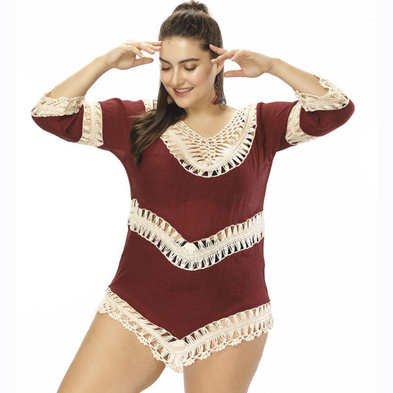 

Swimsuit Cover Ups Women Fat Woman Plus Size Sexy Bikini Hand Hook Sunscreen Large Hollow Beach Blouse Drop Women's Swimwear, Wine red