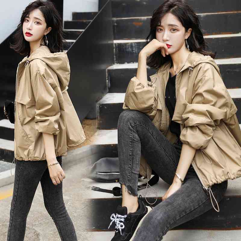 

Shy honey clothes 2021 spring and autumn new windbreaker women' short Korean casual loose hooded jacket batch, Khaki