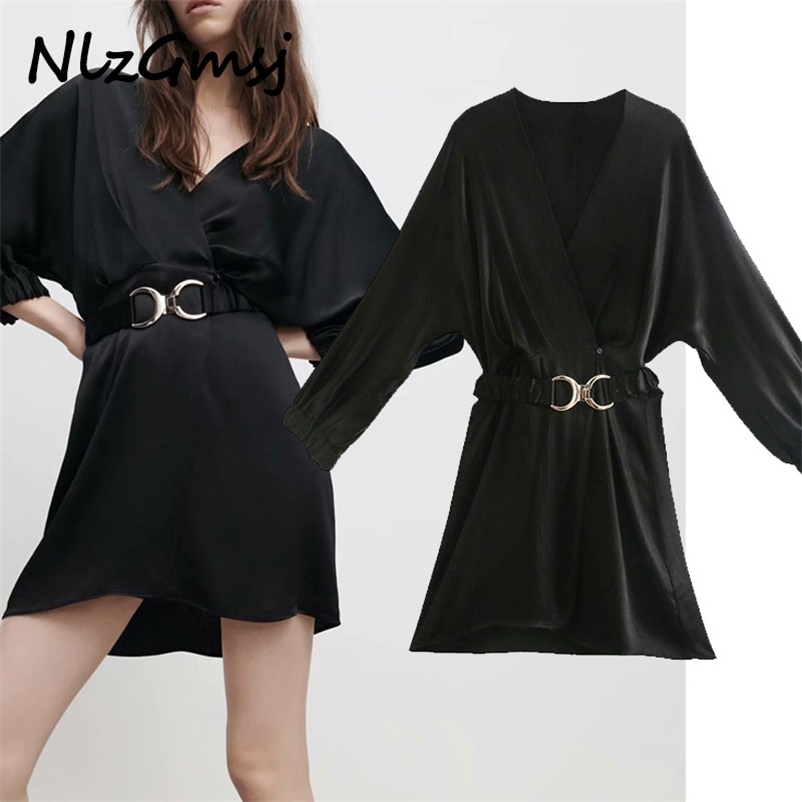 

Dres Chic Fashion With Belt Mini Vintage Long Sleeve V Neck Female es Vestidos Mujer 210628, As picture