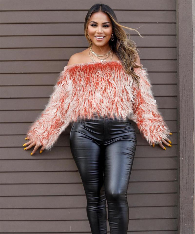 

Women' Sweaters Tmustobe Winter Faux Fur Top Women Sexy Off Shoulder Gradient Fluffy Sweater Jumper Ladies Fall Long Sleeve Pullover Female, Red