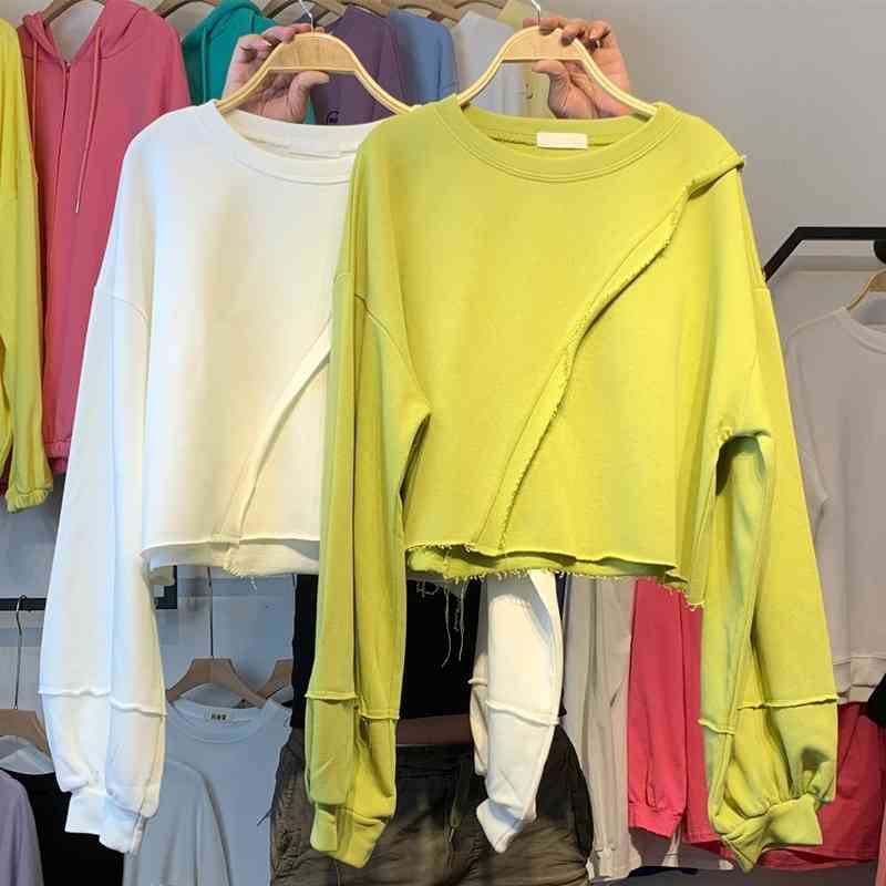 

Short sweater women's Korean version loose spring and thin fashion new solid color irregular long sleeve top in autumn 2021, White