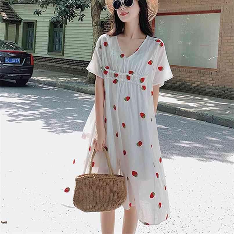 

4XL Fashion strawberry dress summer V-neck mid-length long skirt two-piece sale for pregnant women 210520, Strawberry two-piece