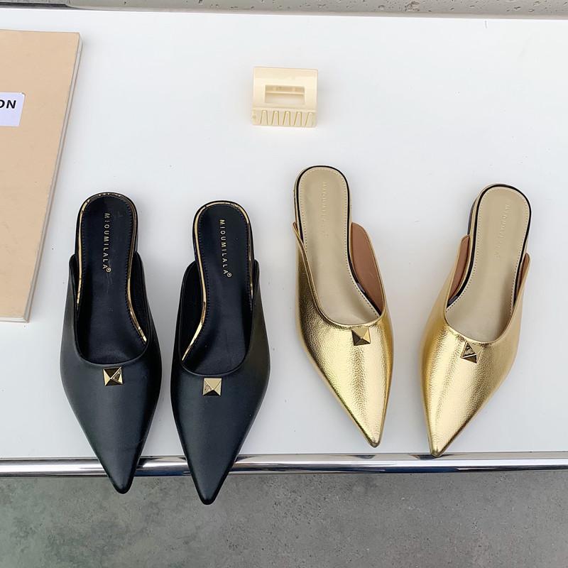 

Women Temperament Slippers Fashion Pointed Design Shoes Female Muller Foot Office Casual, Black