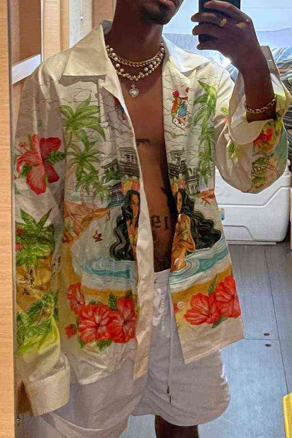 

Casablanc Hawaiian Oasis Island Landscape Printed Casual Shirt Beach Kingdom Painted Loose Shirts Luxury Designer Satin Mens Polo, White