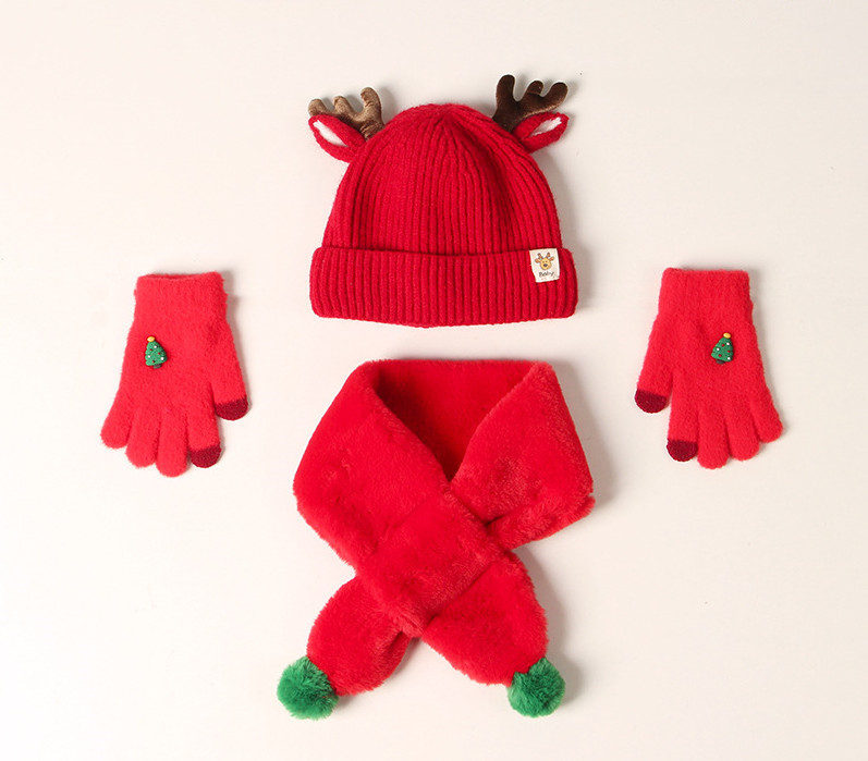 

Children christmas party hat sets girls boys stereo antlers vertical knitting beanie+patchwork color plush scarves+xmas tree applique gloves 3pcs Q3216, Red